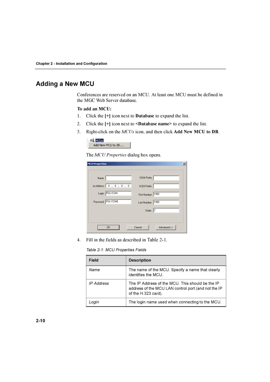 Polycom 8 quick start Adding a New MCU, To add an MCU 