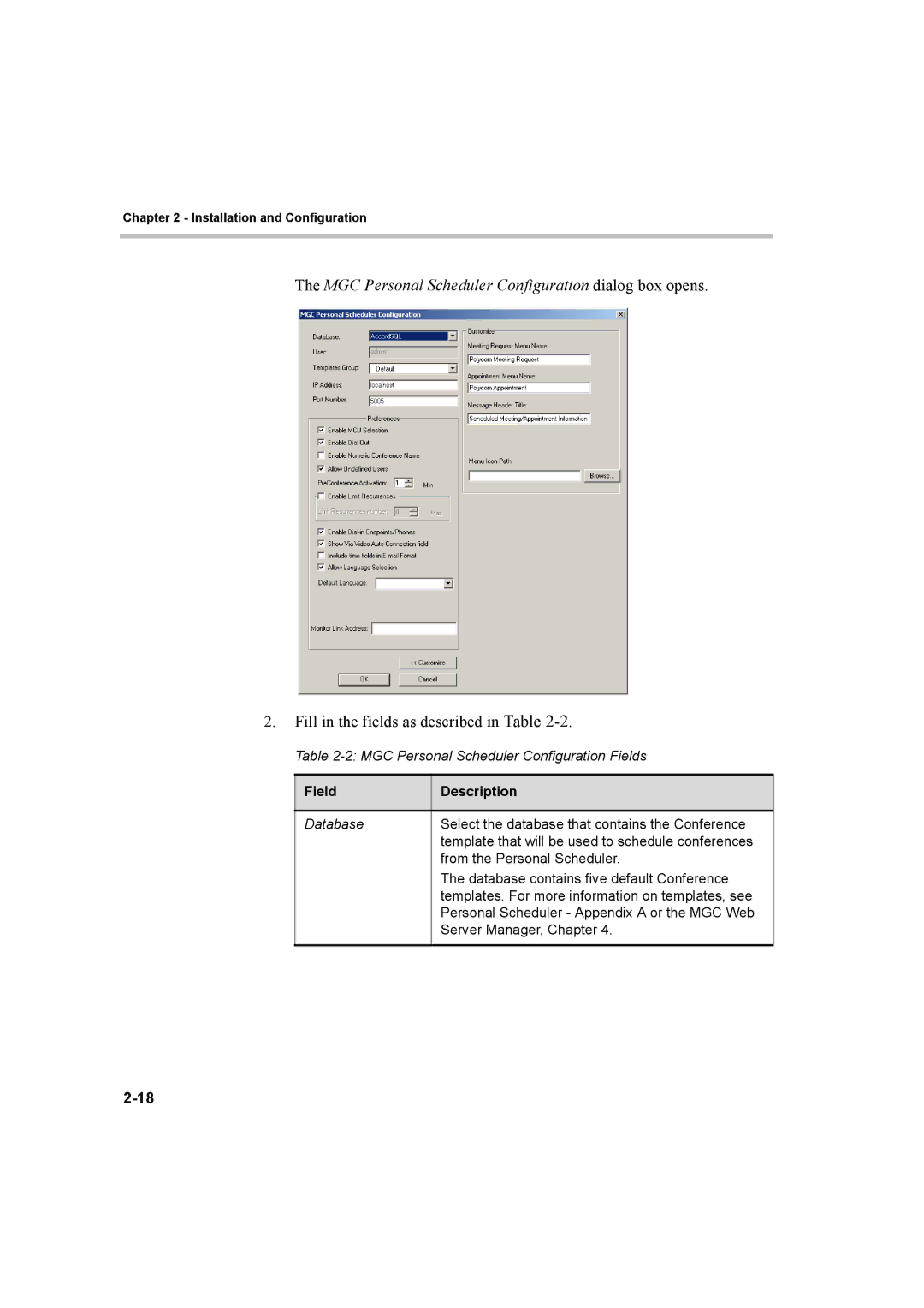 Polycom 8 quick start MGC Personal Scheduler Configuration dialog box opens 