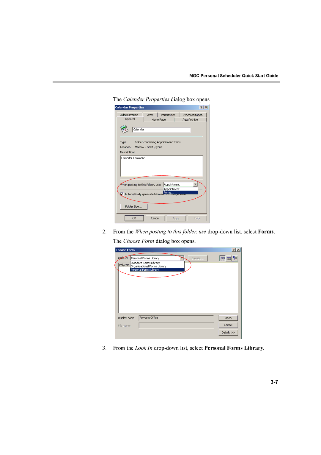 Polycom 8 quick start Calender Properties dialog box opens 