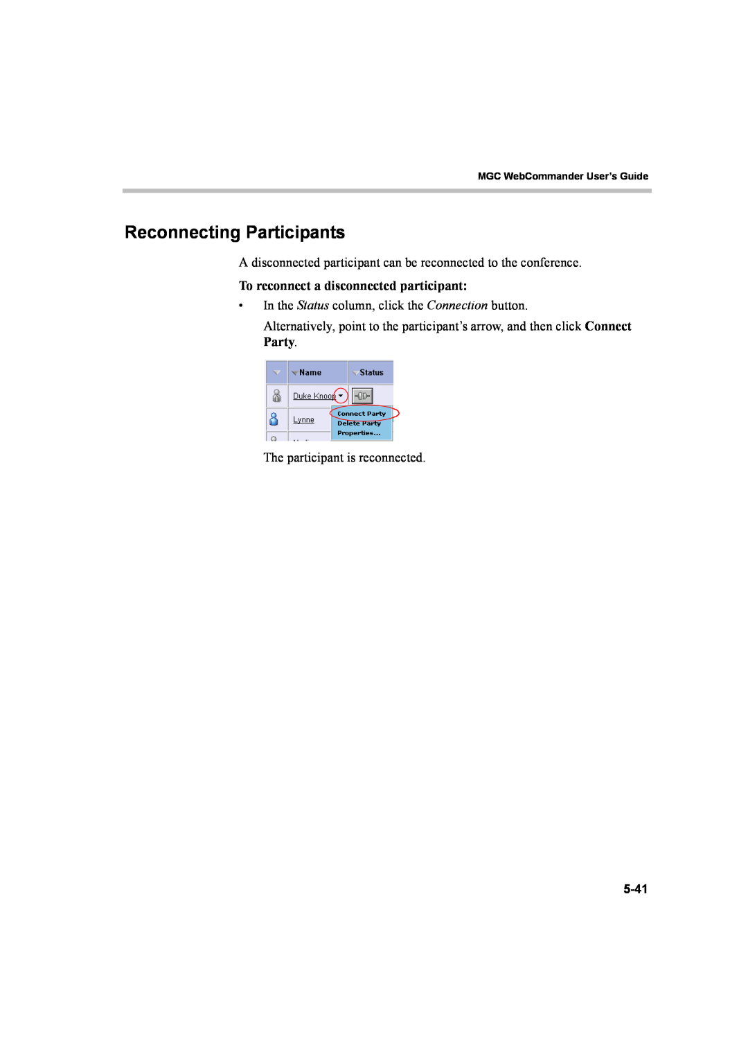 Polycom 8 manual Reconnecting Participants, To reconnect a disconnected participant, 5-41, MGC WebCommander User’s Guide 