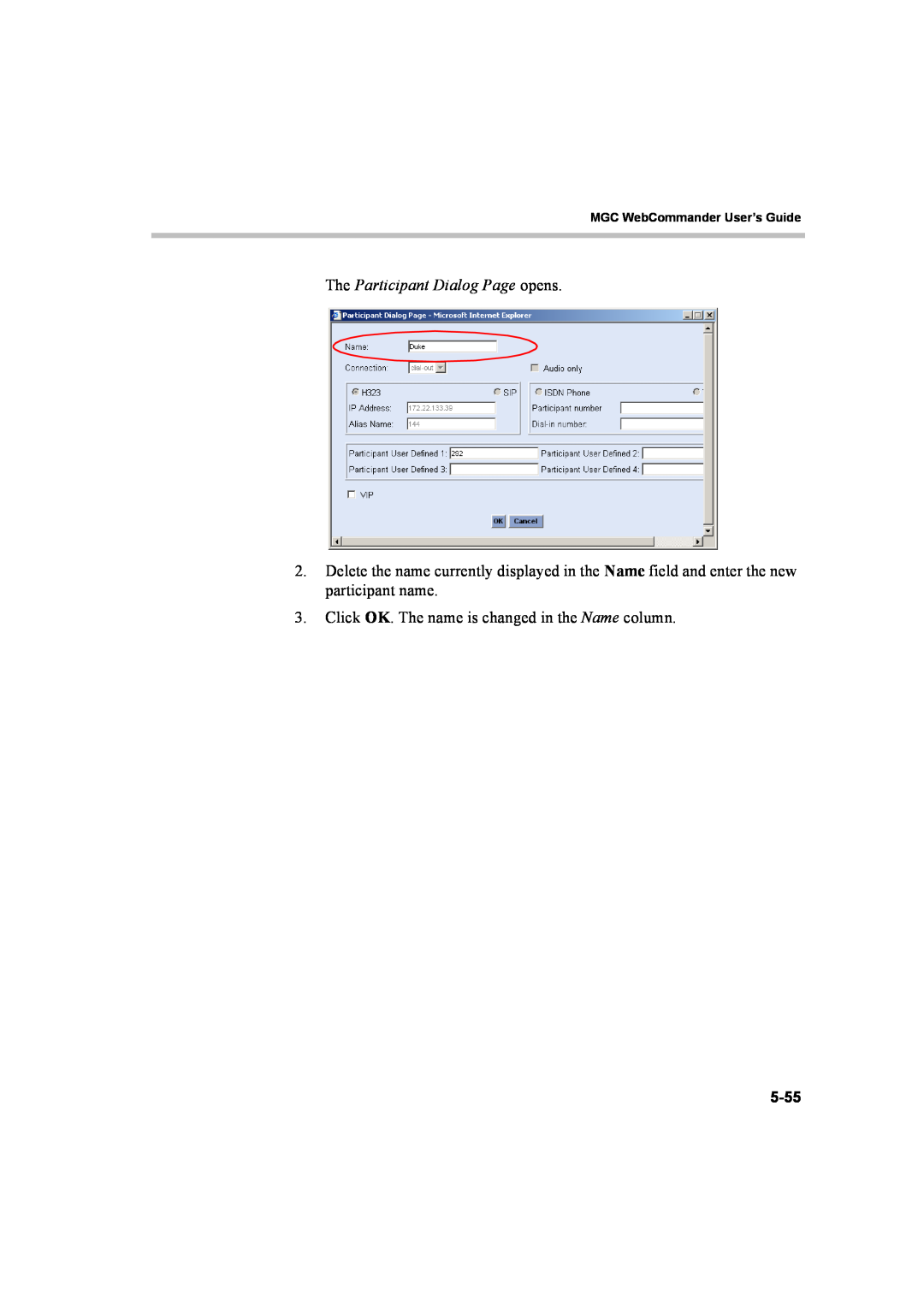 Polycom 8 manual The Participant Dialog Page opens, 5-55, MGC WebCommander User’s Guide 