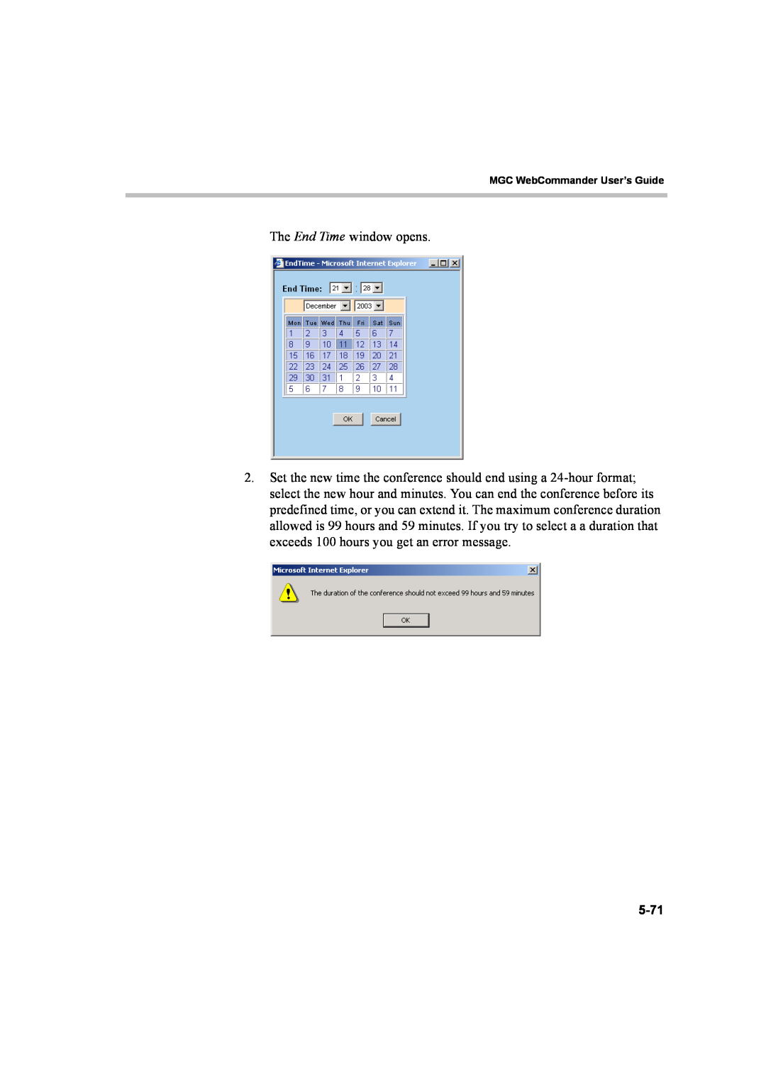 Polycom 8 manual The End Time window opens, 5-71, MGC WebCommander User’s Guide 