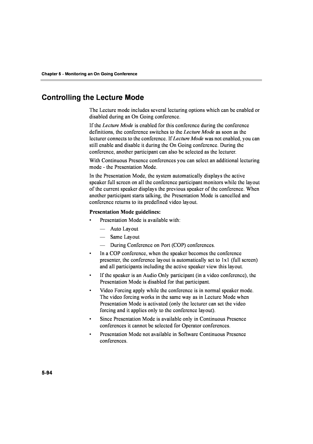 Polycom 8 manual Controlling the Lecture Mode, Presentation Mode guidelines 