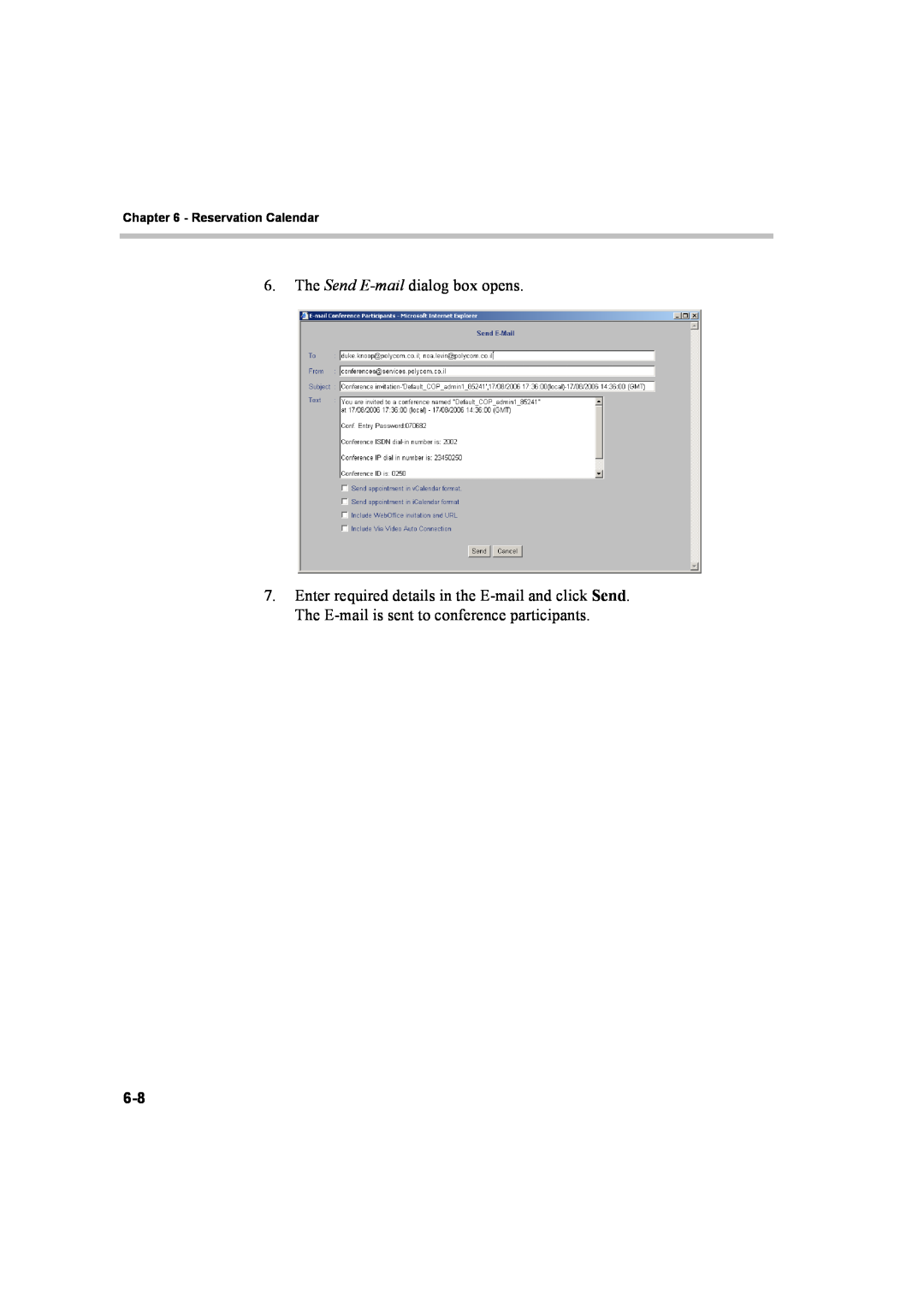 Polycom 8 manual The Send E-mail dialog box opens, Reservation Calendar 