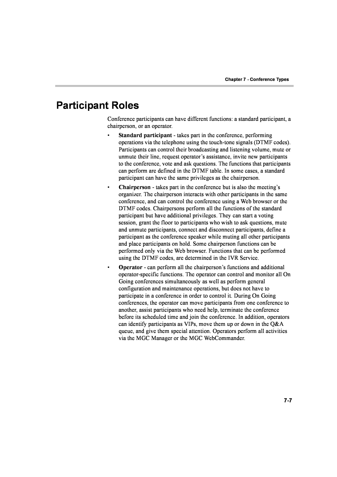 Polycom 8 manual Participant Roles 