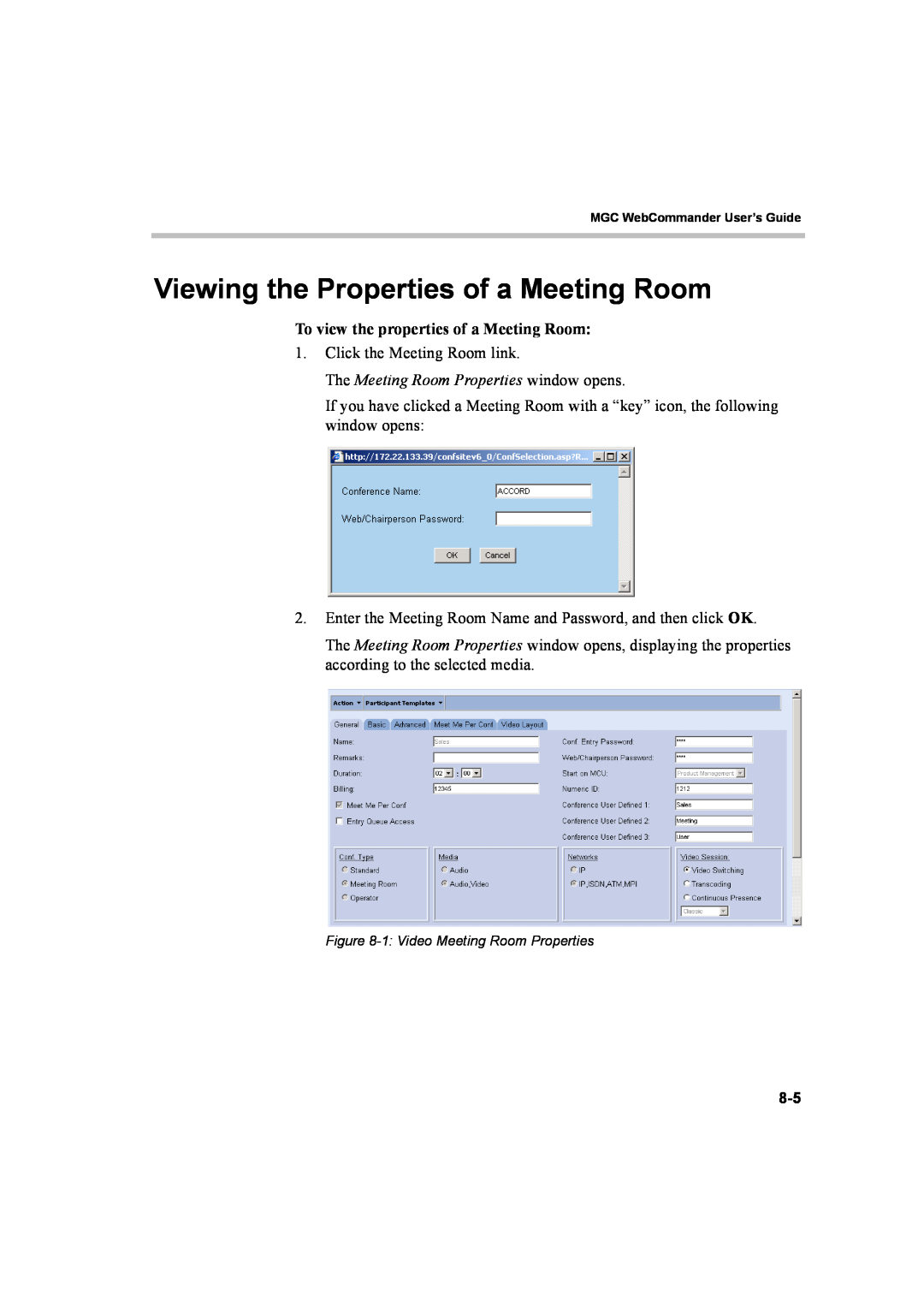 Polycom 8 manual Viewing the Properties of a Meeting Room, To view the properties of a Meeting Room 