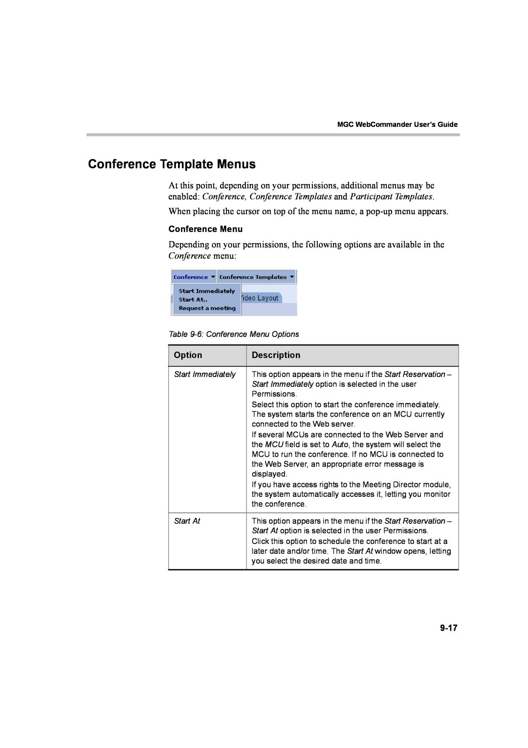 Polycom 8 manual Conference Template Menus, Conference menu 