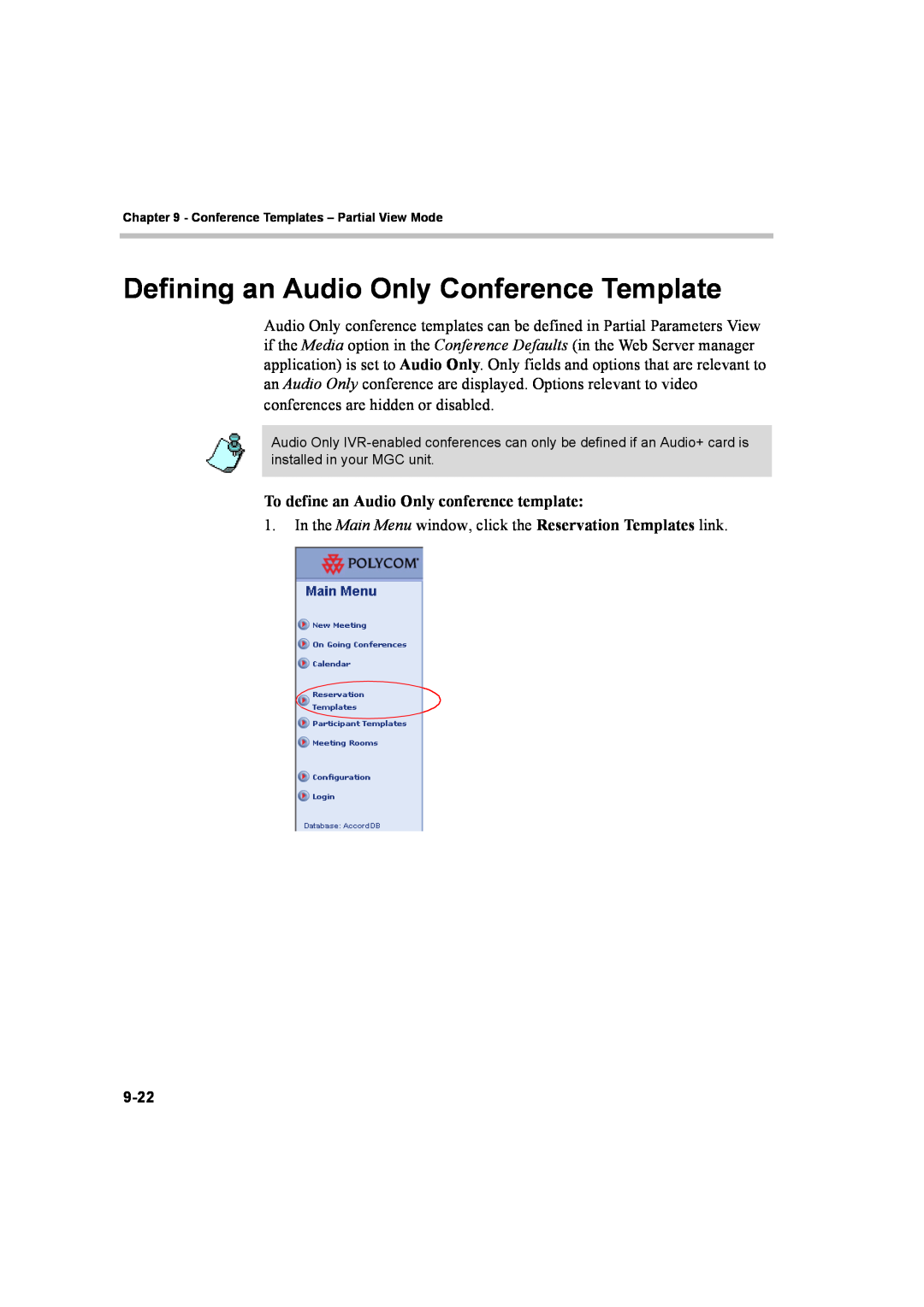 Polycom 8 manual Defining an Audio Only Conference Template, To define an Audio Only conference template 