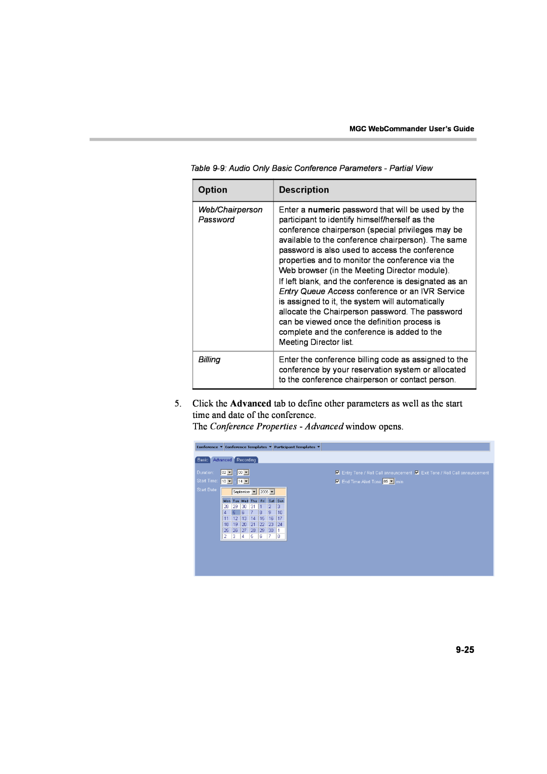 Polycom 8 manual The Conference Properties - Advanced window opens, Option, Description, 9-25 