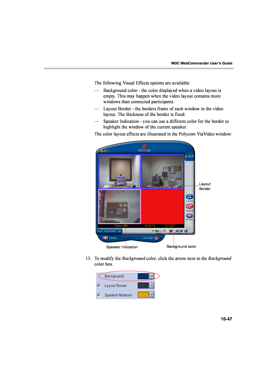 Polycom 8 manual Layout Border, Speaker Indication, Background color 