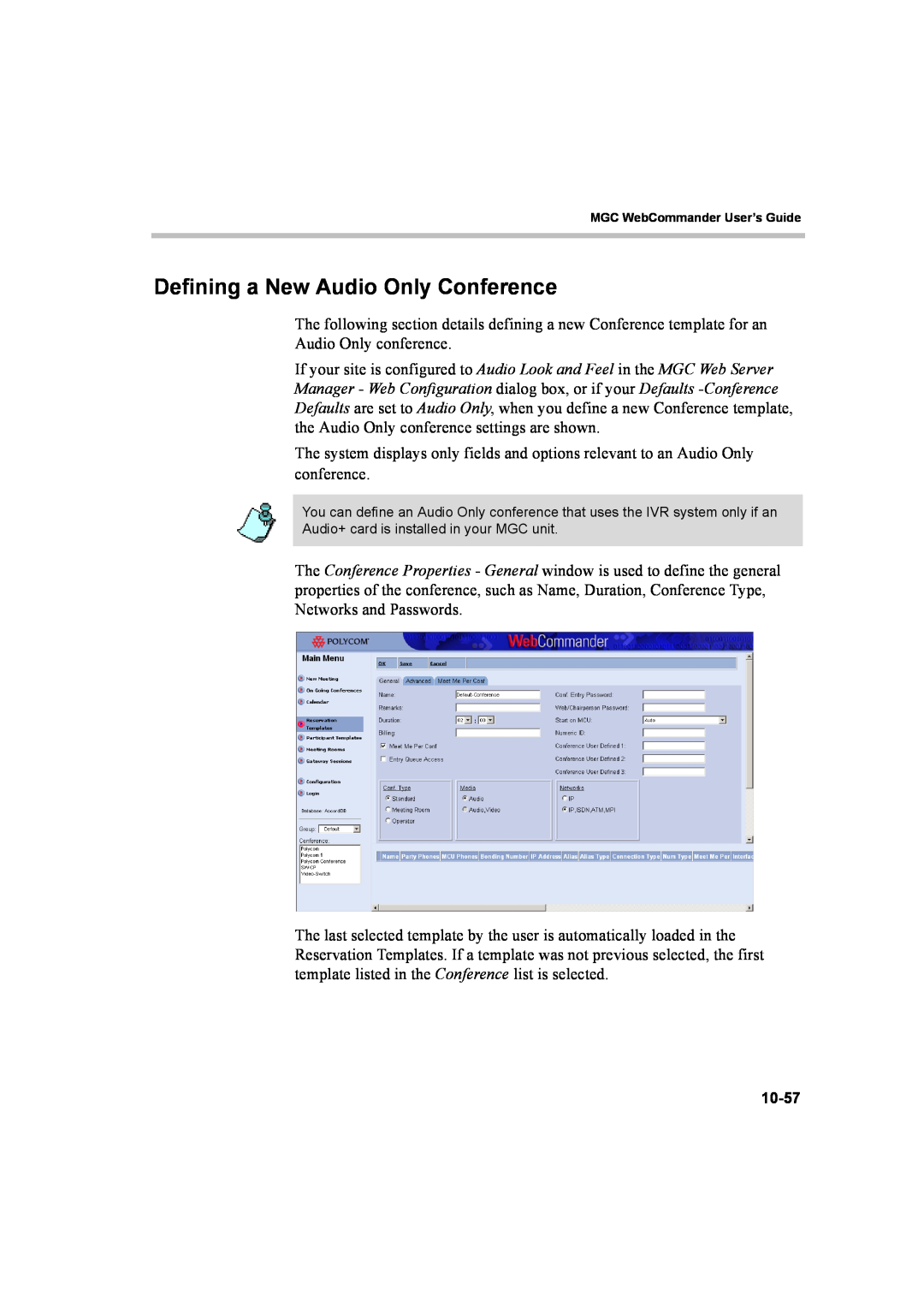 Polycom 8 manual Defining a New Audio Only Conference, Audio+ card is installed in your MGC unit 