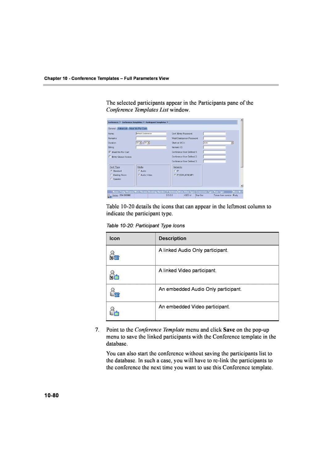 Polycom 8 manual Conference Templates List window, A linked Audio Only participant, A linked Video participant 
