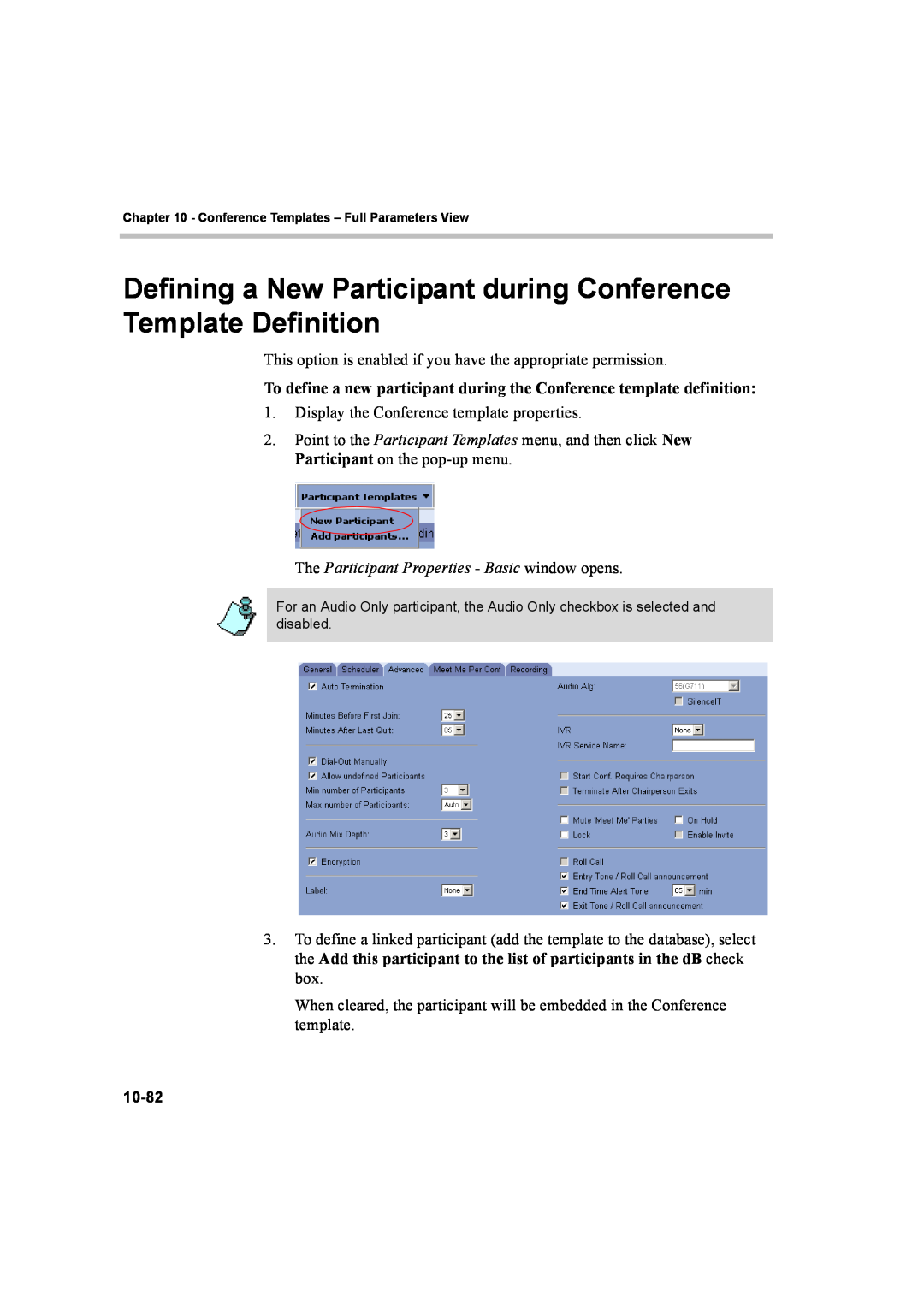 Polycom 8 manual The Participant Properties - Basic window opens, Display the Conference template properties 