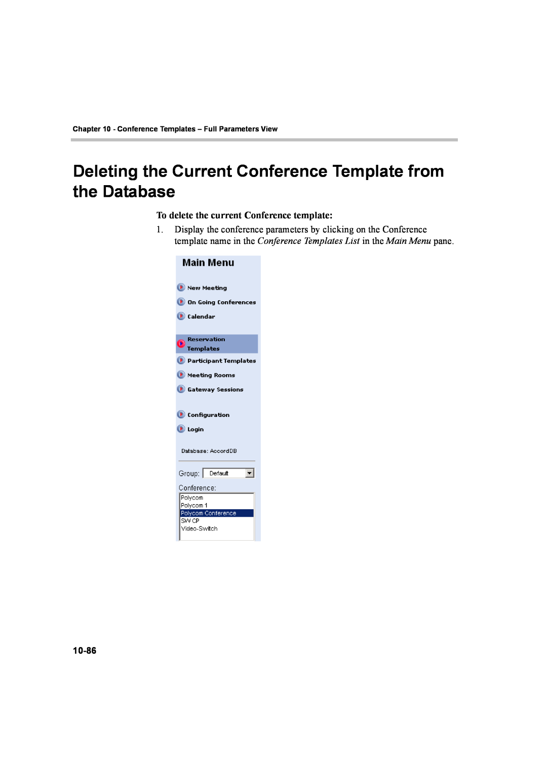 Polycom manual To delete the current Conference template, 10-86 