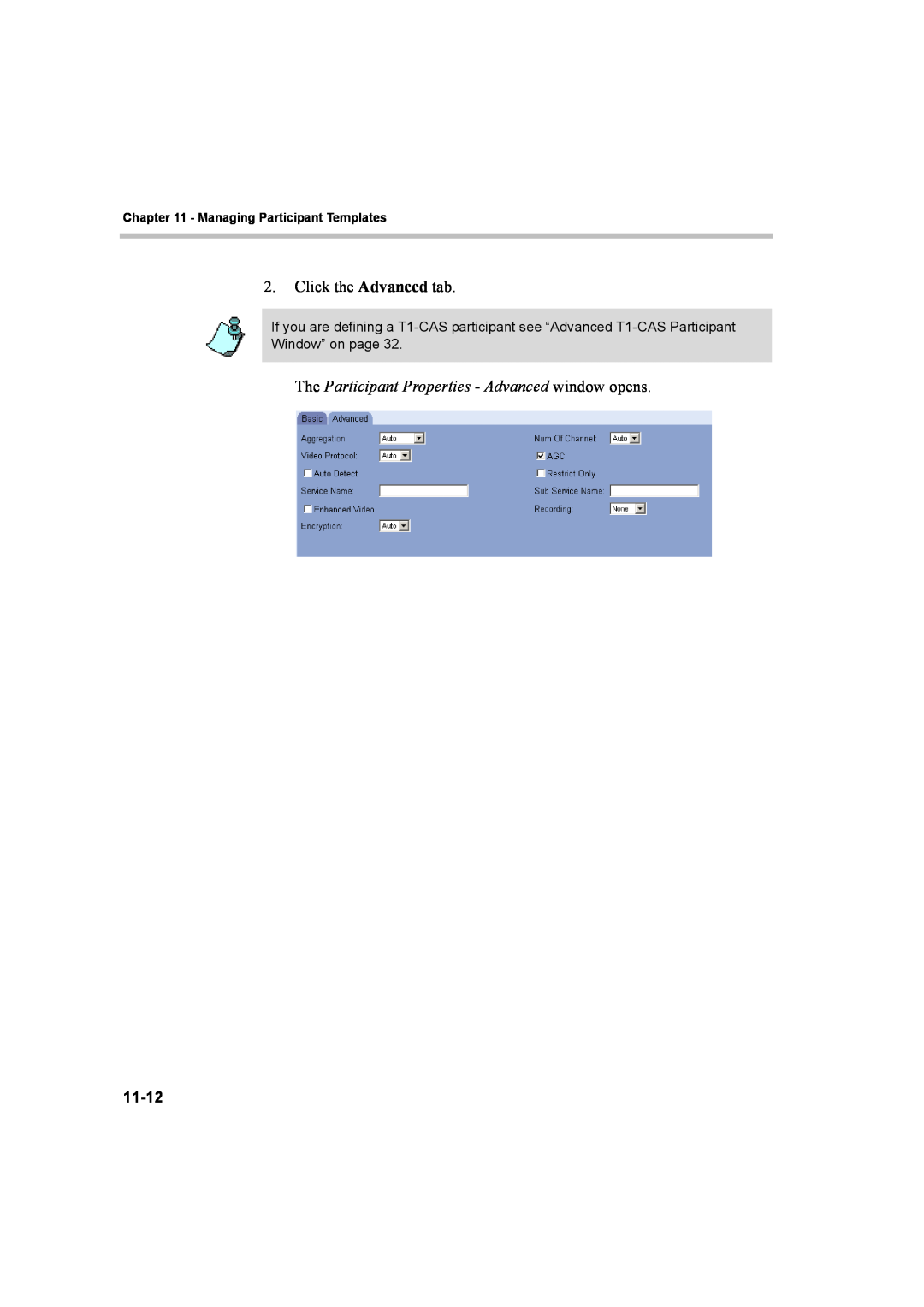 Polycom 8 manual Click the Advanced tab, 11-12, Managing Participant Templates 