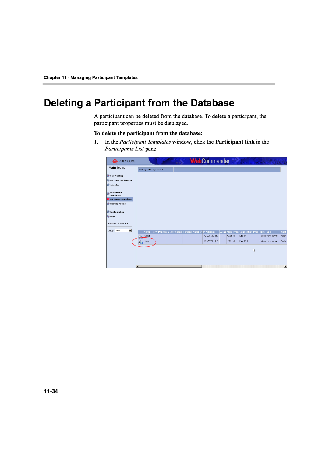Polycom 8 manual Deleting a Participant from the Database, To delete the participant from the database 