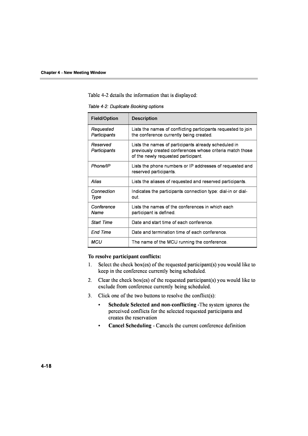Polycom 8 manual To resolve participant conflicts, Field/Option, Description 