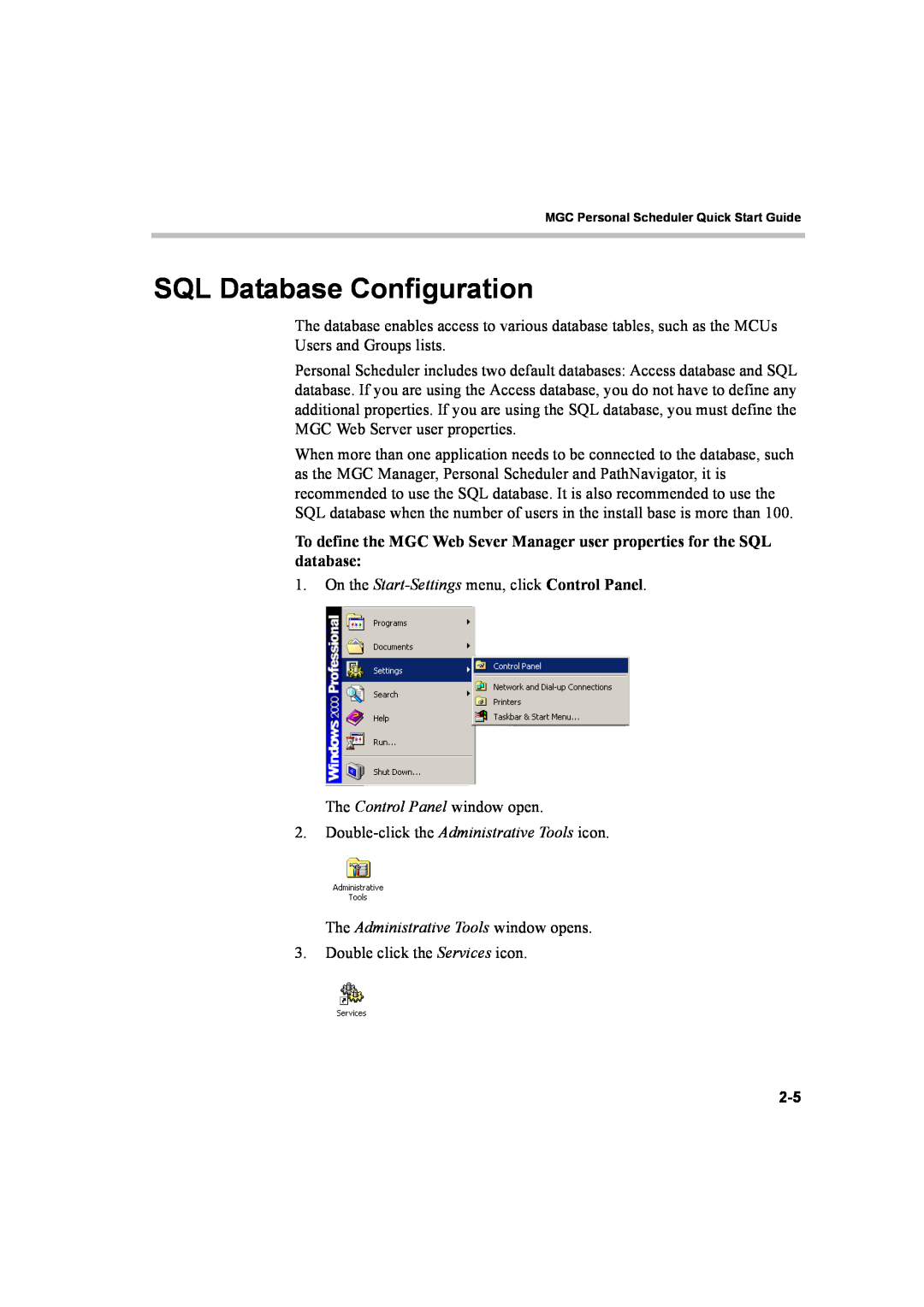 Polycom 8 quick start SQL Database Configuration, The Administrative Tools window opens 