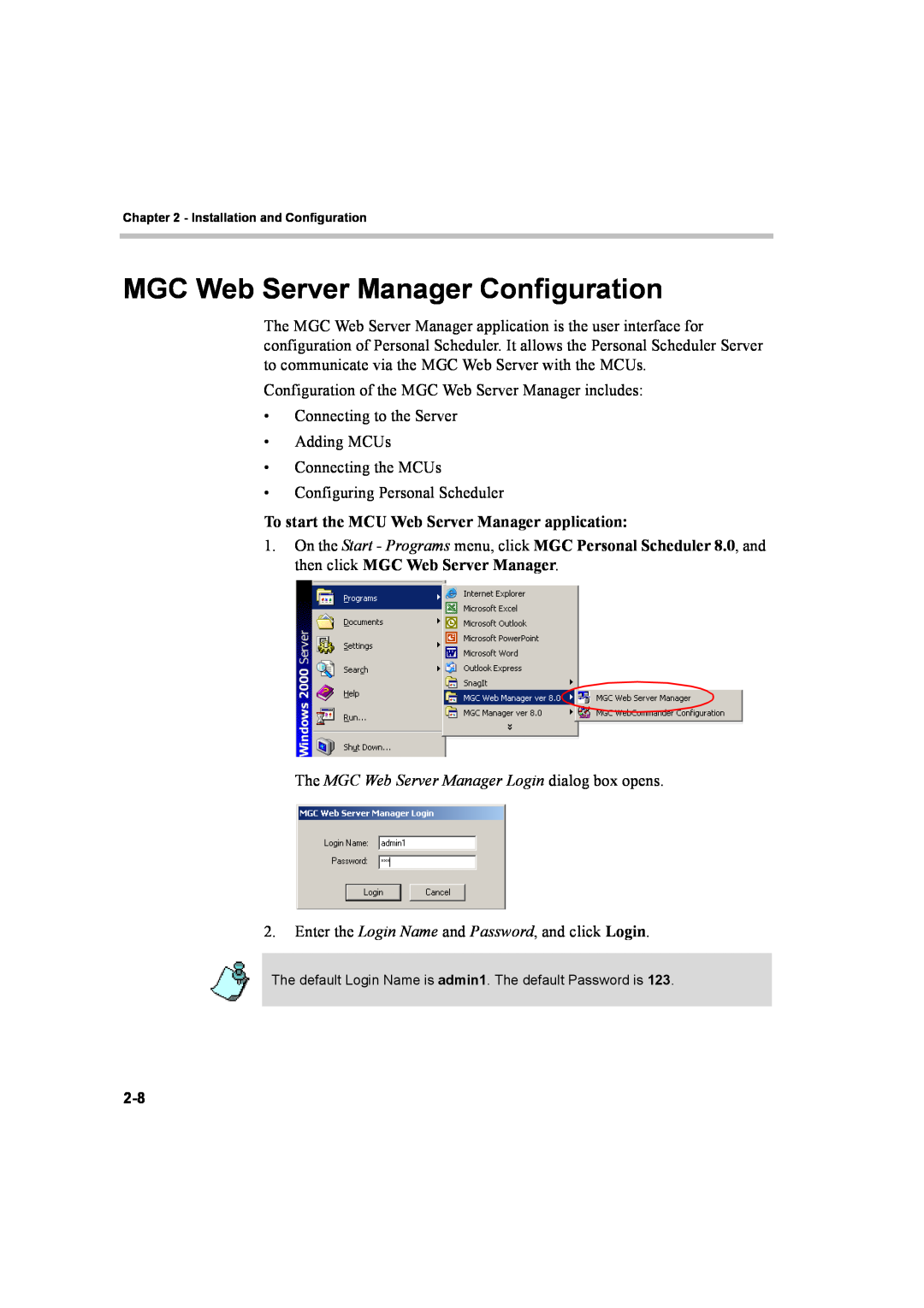 Polycom 8 quick start MGC Web Server Manager Configuration, To start the MCU Web Server Manager application 