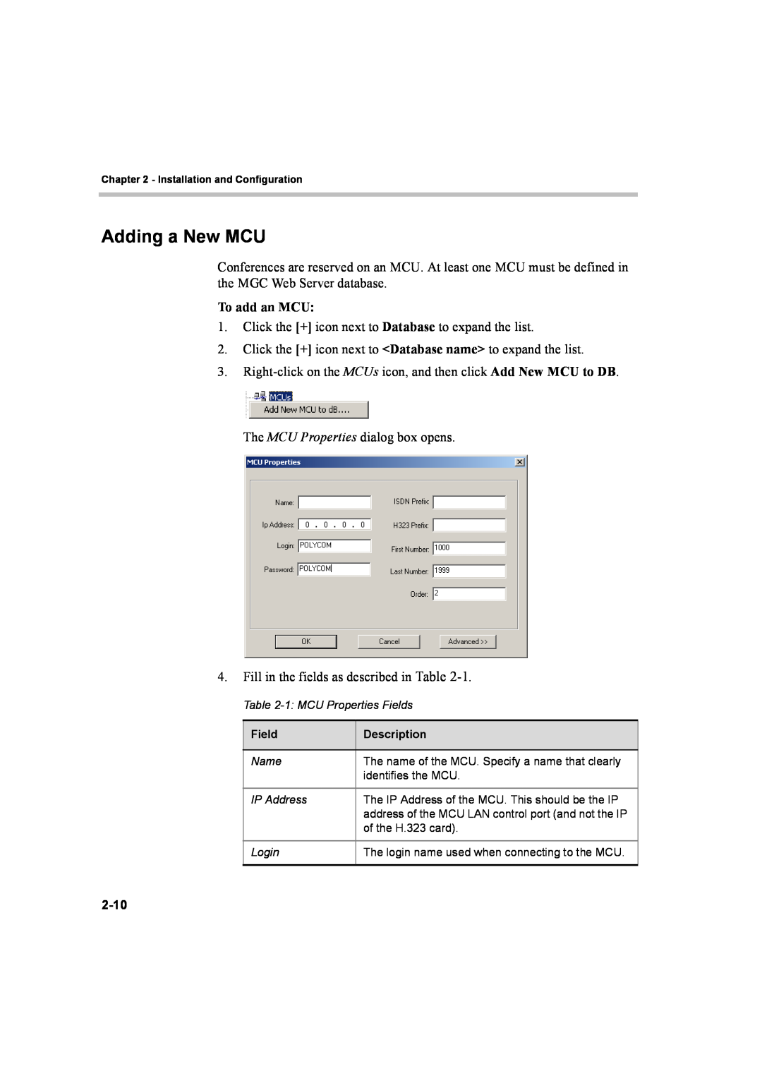 Polycom 8 quick start Adding a New MCU, To add an MCU 
