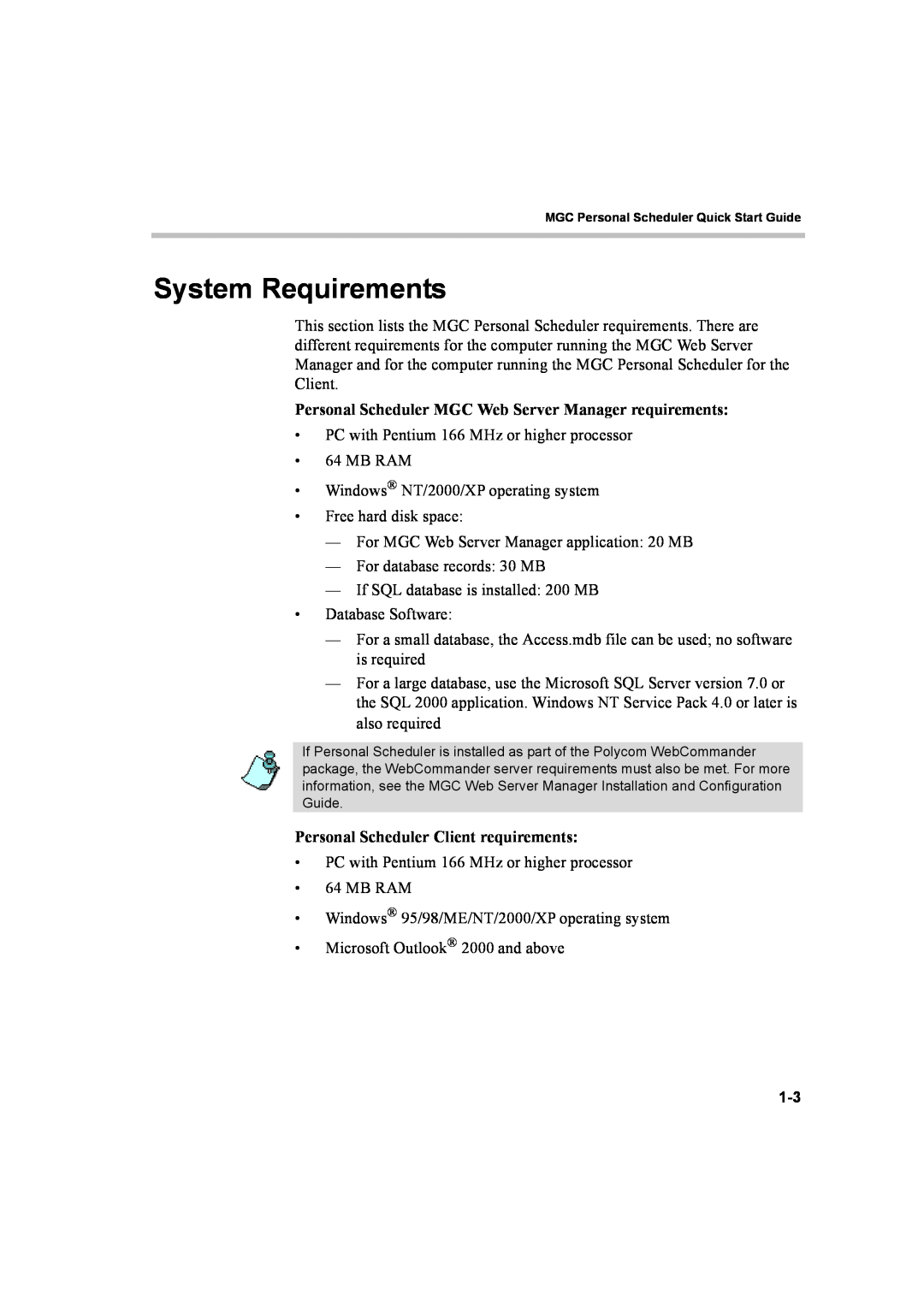 Polycom 8 quick start System Requirements, Personal Scheduler Client requirements 