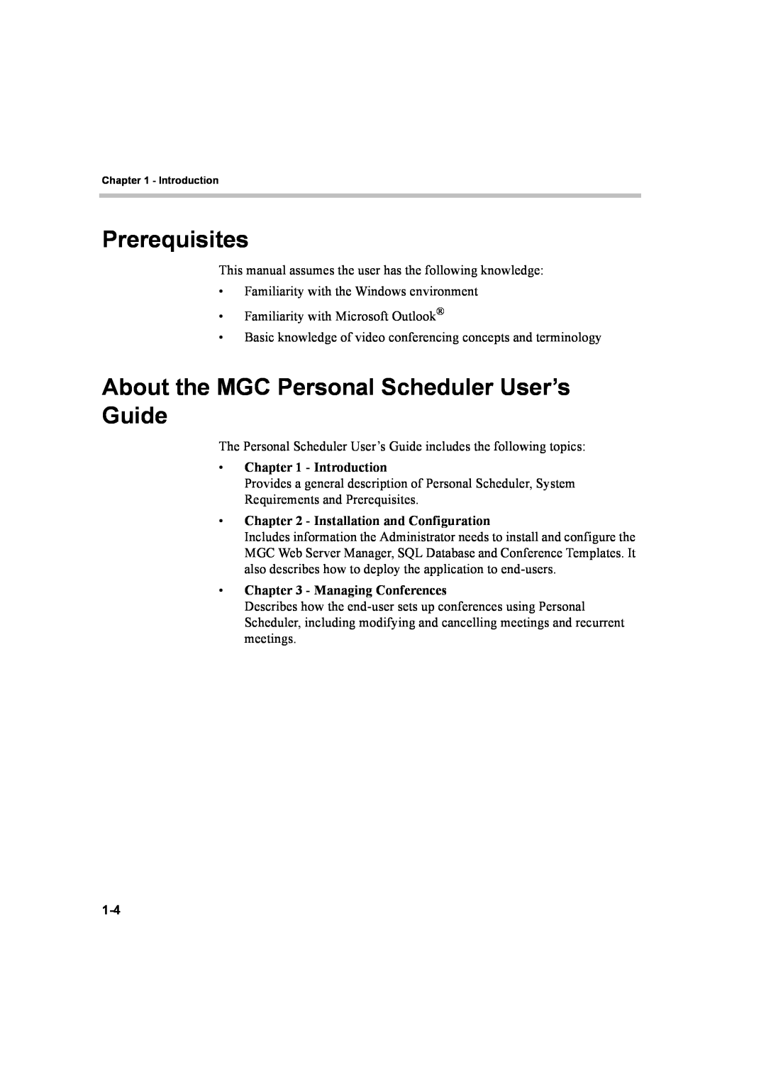 Polycom 8 Prerequisites, About the MGC Personal Scheduler User’s Guide, Introduction, Installation and Configuration 