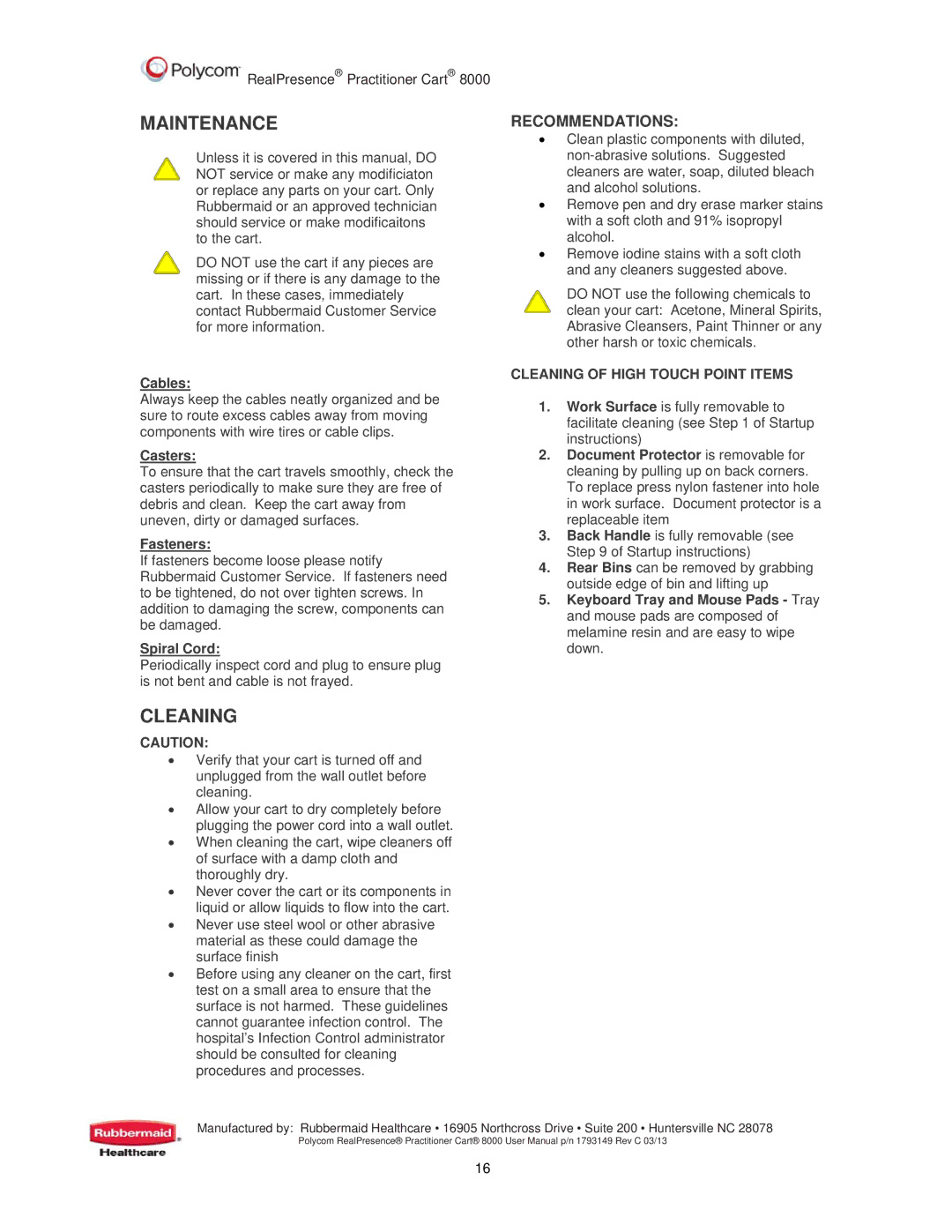 Polycom 8000 user manual Maintenance, Cleaning of High Touch Point Items 