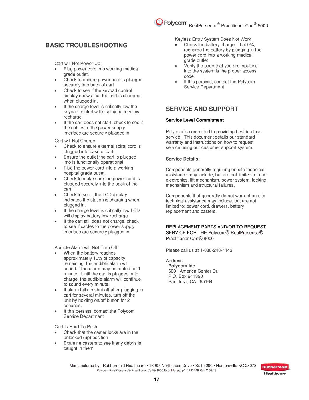 Polycom 8000 user manual Basic Troubleshooting, Service and Support, Service Details, Polycom Inc 