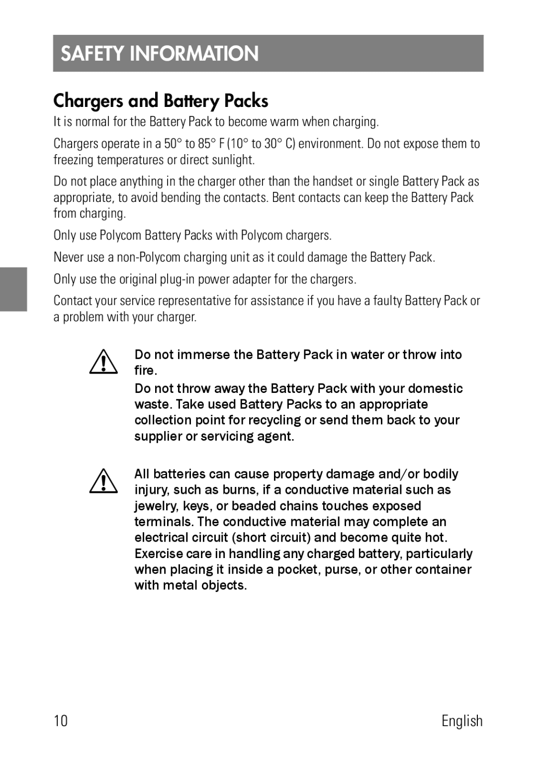 Polycom 8002 Series manual Safety Information, Chargers and Battery Packs 