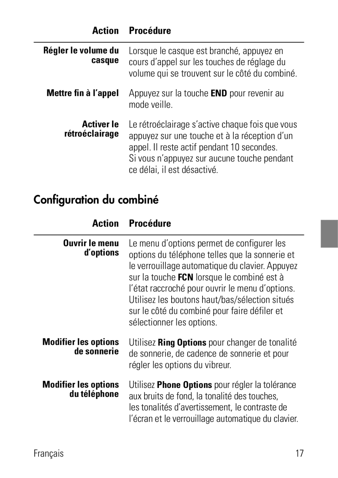 Polycom 8002 Series Configuration du combiné, Volume qui se trouvent sur le côté du combiné, Régler les options du vibreur 