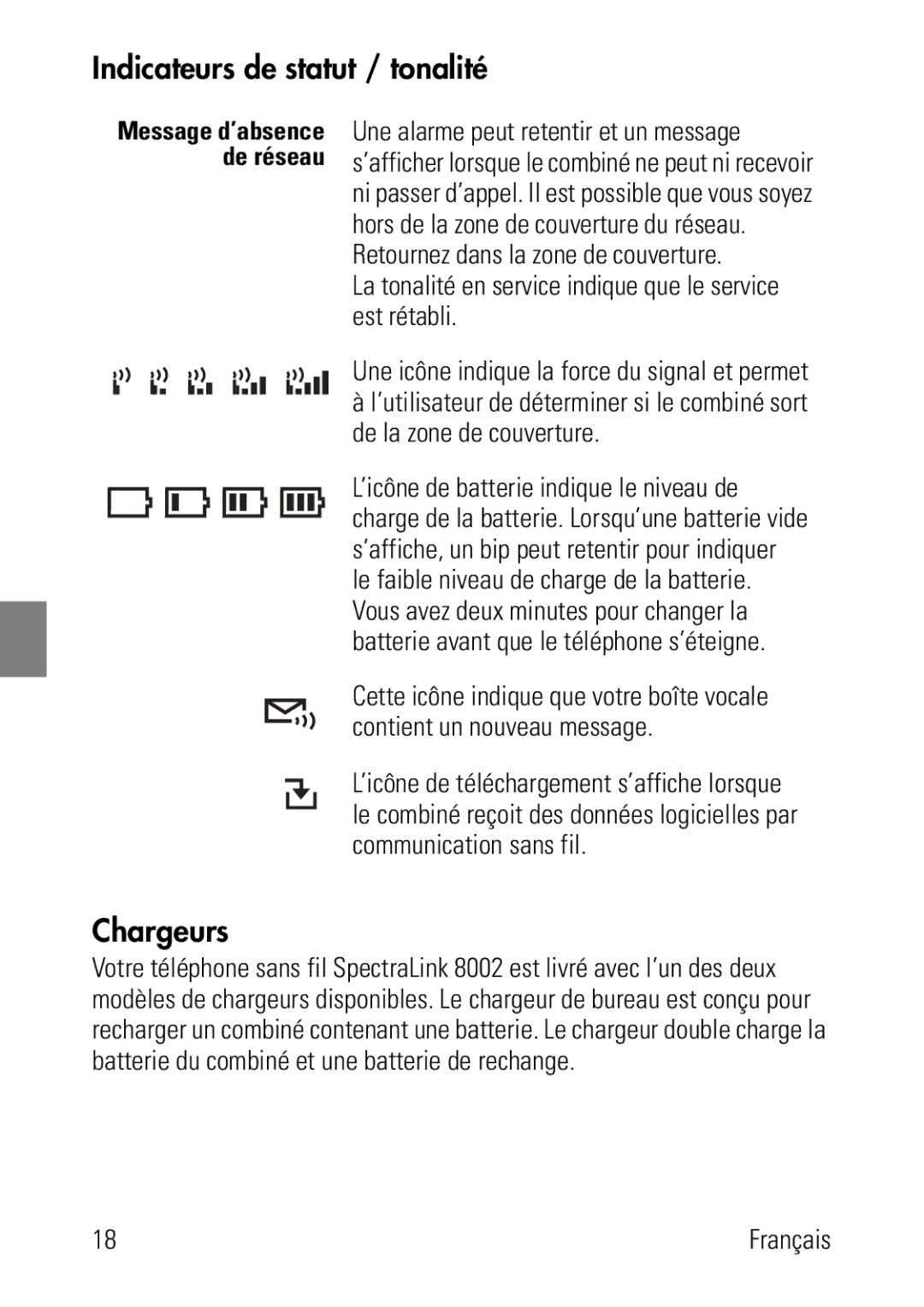 Polycom 8002 Series manual Indicateurs de statut / tonalité, Chargeurs 