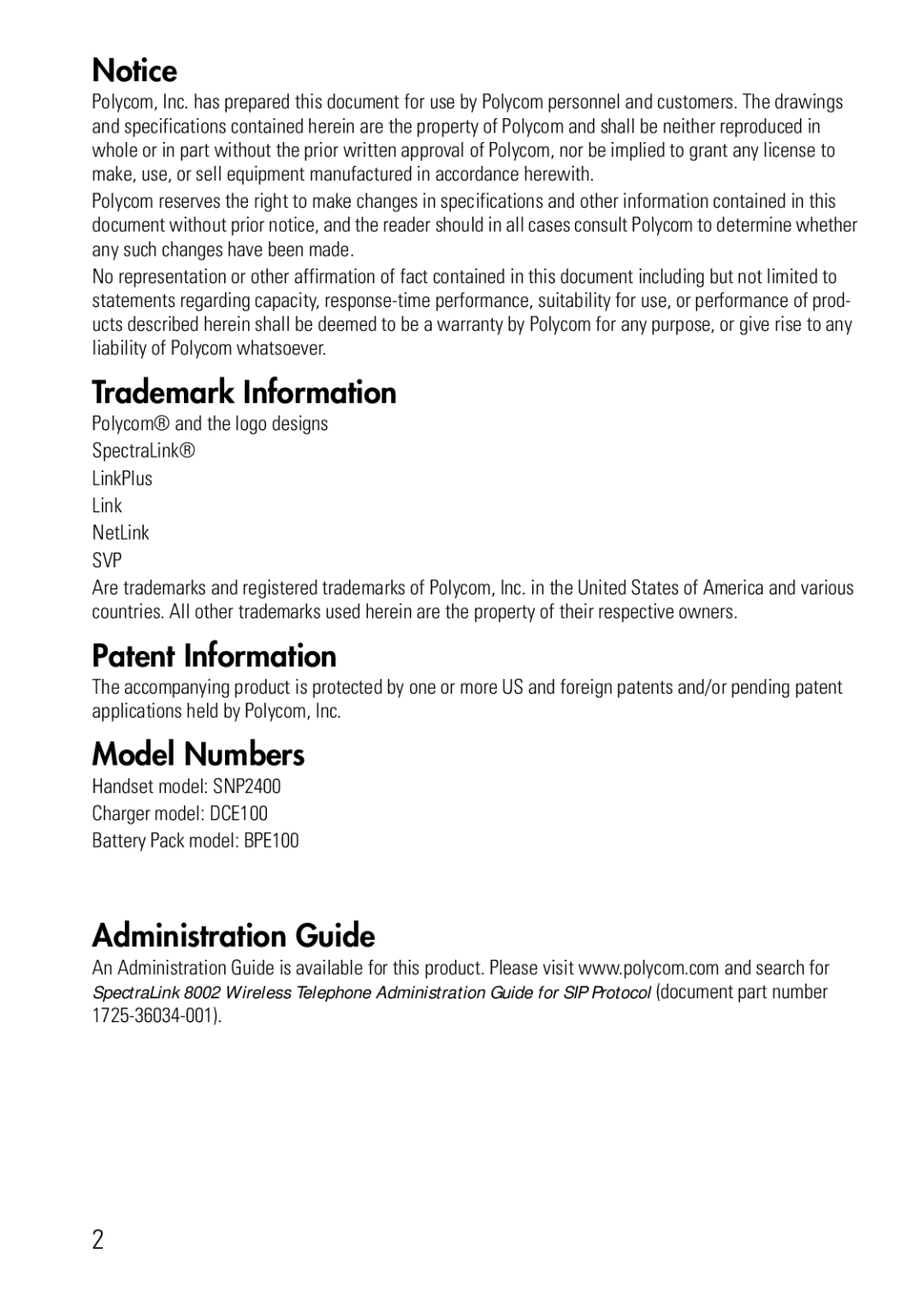 Polycom 8002 Series manual Trademark Information, Patent Information, Model Numbers, Administration Guide 