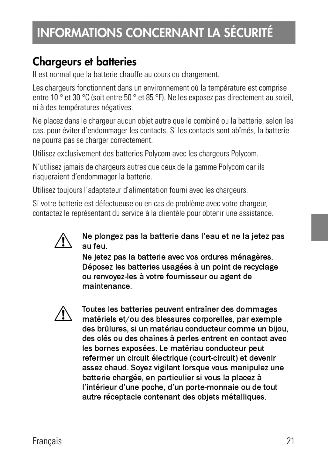 Polycom 8002 Series manual Informations Concernant LA Sécurité, Chargeurs et batteries 