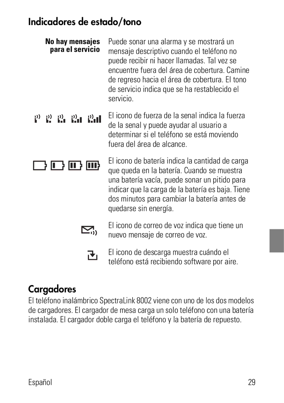 Polycom 8002 Series manual Indicadores de estado/tono, Cargadores 