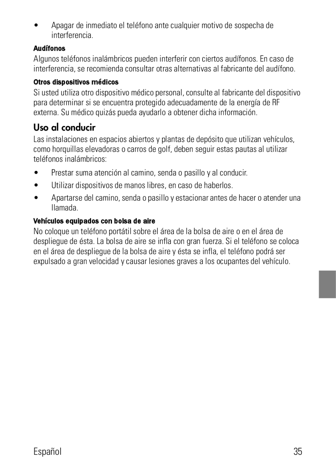 Polycom 8002 Series manual Uso al conducir, Audífonos, Otros dispositivos médicos, Vehículos equipados con bolsa de aire 