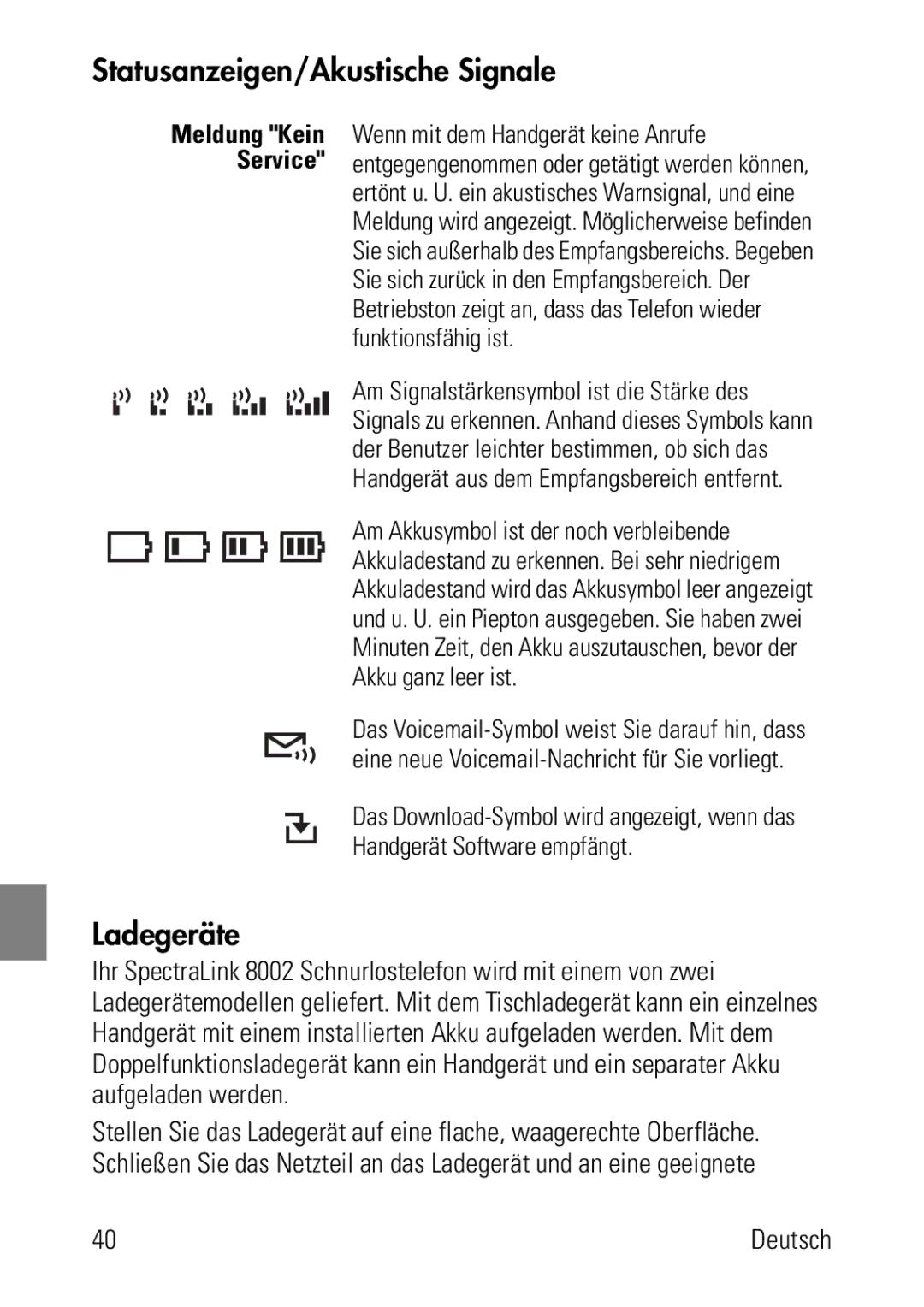 Polycom 8002 Series manual Statusanzeigen/Akustische Signale, Ladegeräte 