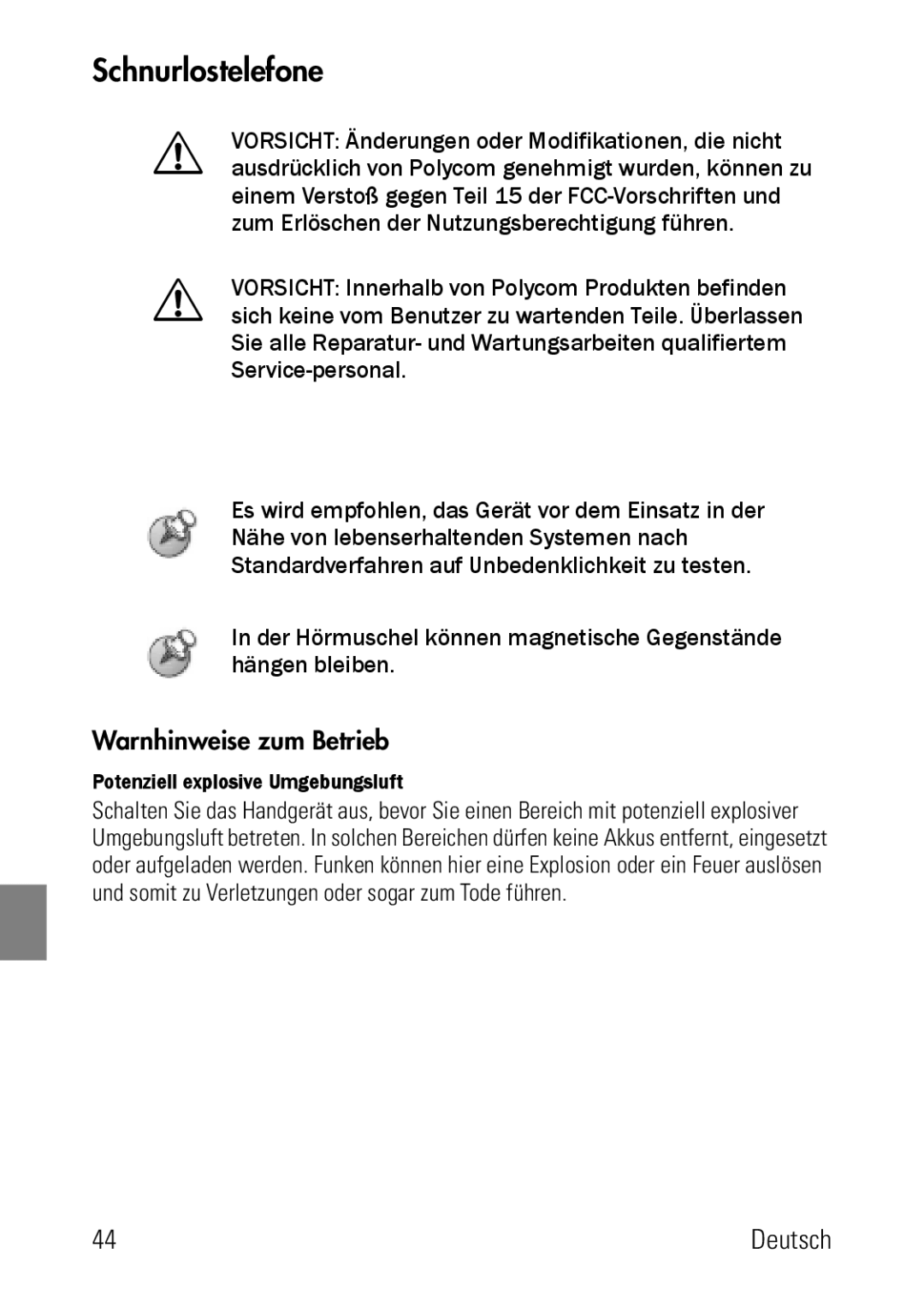 Polycom 8002 Series manual Schnurlostelefone, Warnhinweise zum Betrieb, Potenziell explosive Umgebungsluft 