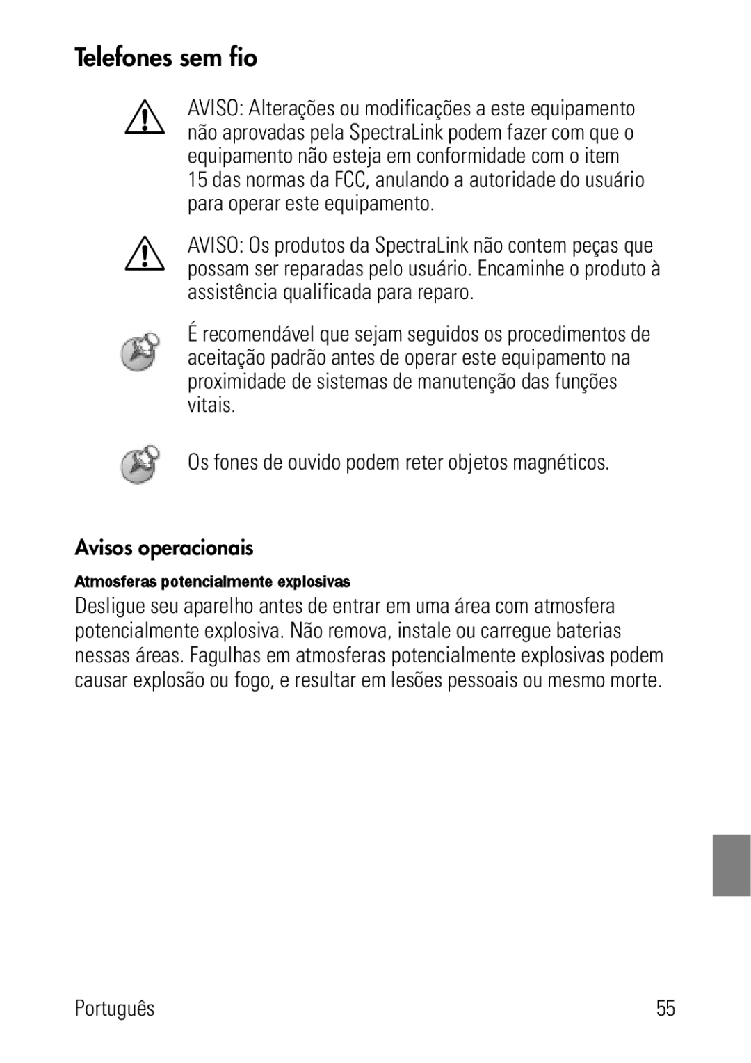 Polycom 8002 Series manual Telefones sem fio, Avisos operacionais, Atmosferas potencialmente explosivas 