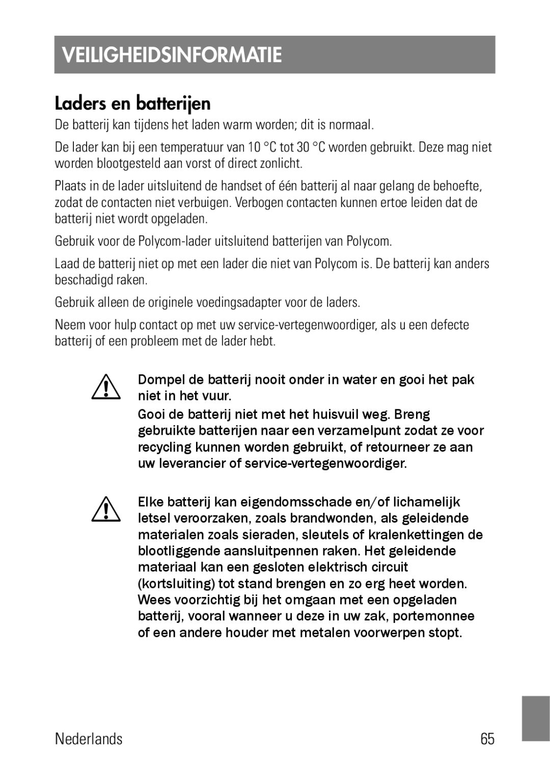 Polycom 8002 Series manual Veiligheidsinformatie, Laders en batterijen 