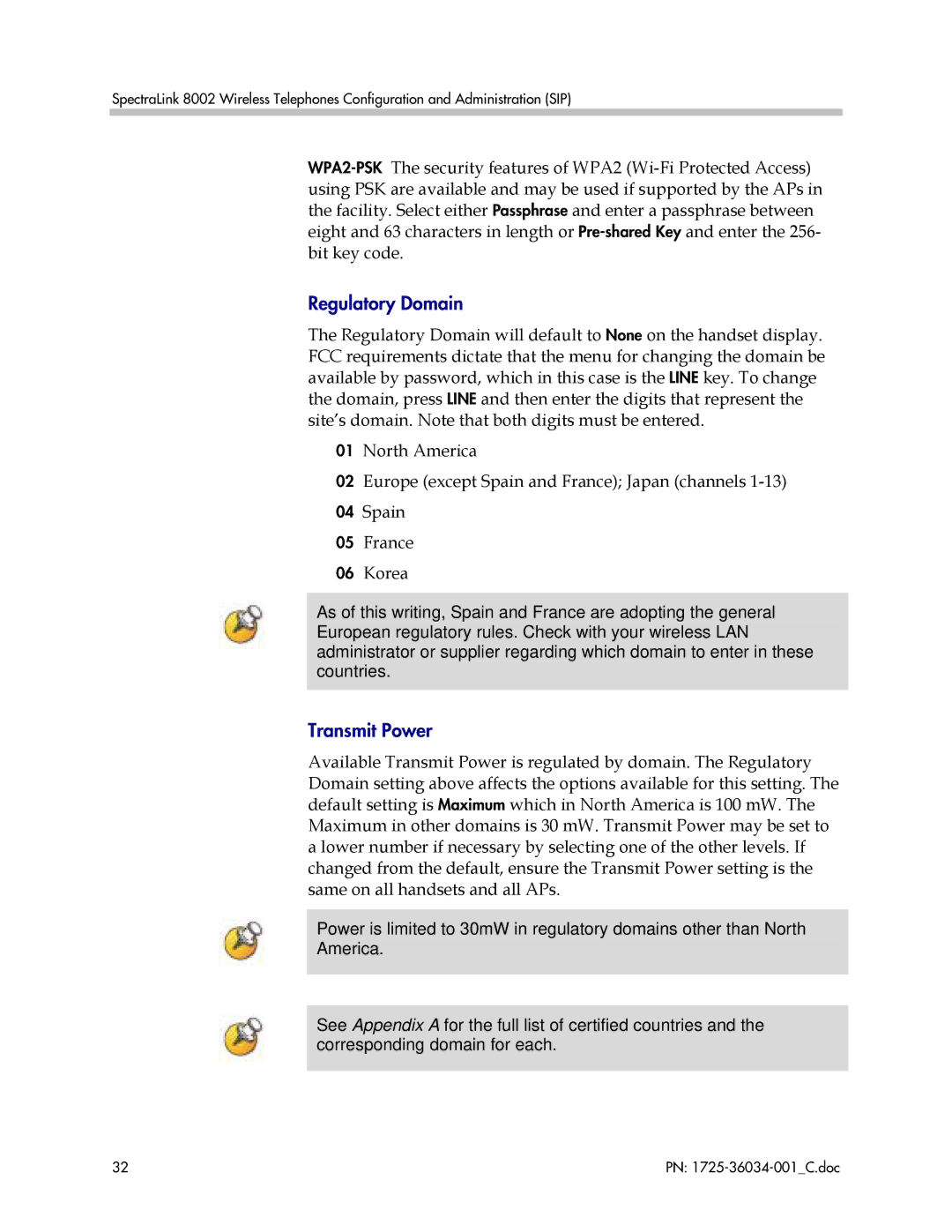 Polycom 8002 manual Regulatory Domain, Transmit Power 