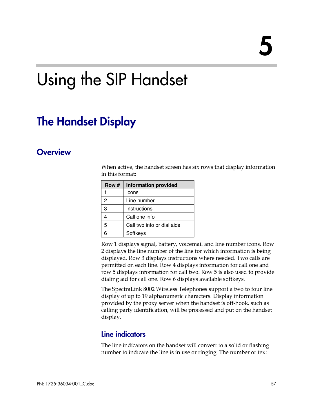 Polycom 8002 manual Using the SIP Handset, Handset Display, Overview, Line indicators, Row # Information provided 