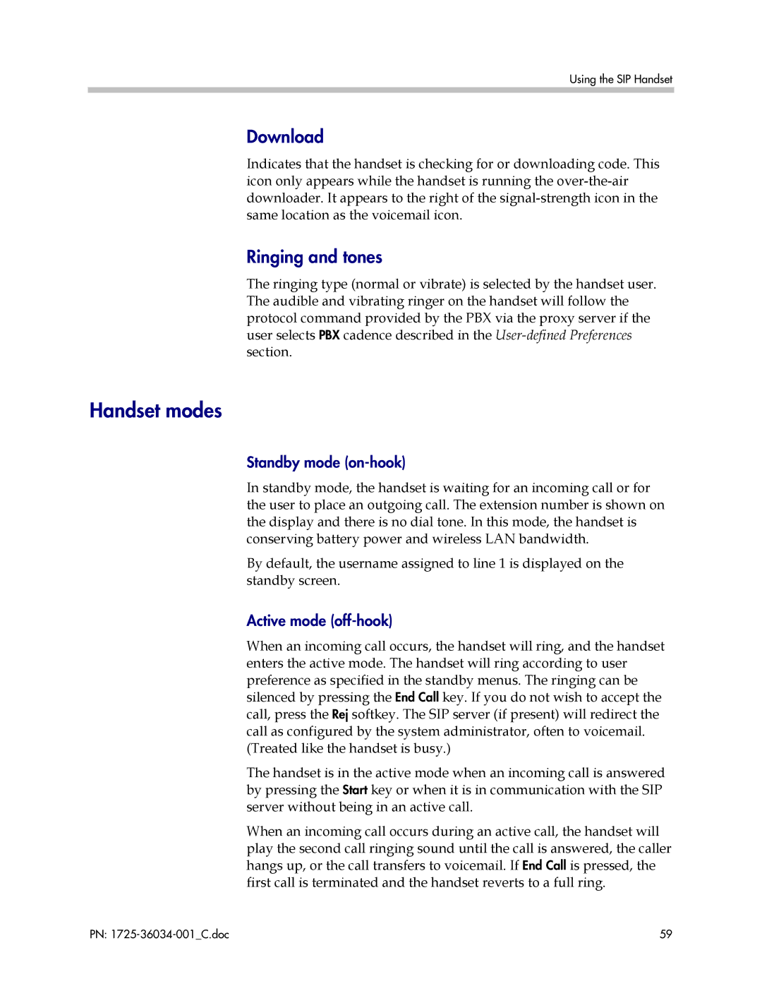 Polycom 8002 manual Handset modes, Download, Ringing and tones, Standby mode on-hook, Active mode off-hook 