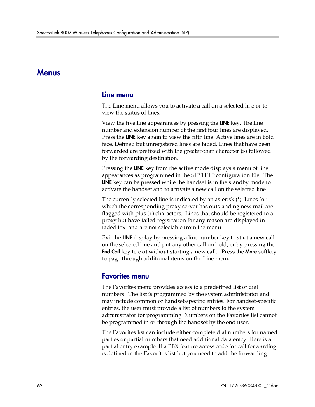 Polycom 8002 manual Menus, Line menu, Favorites menu 