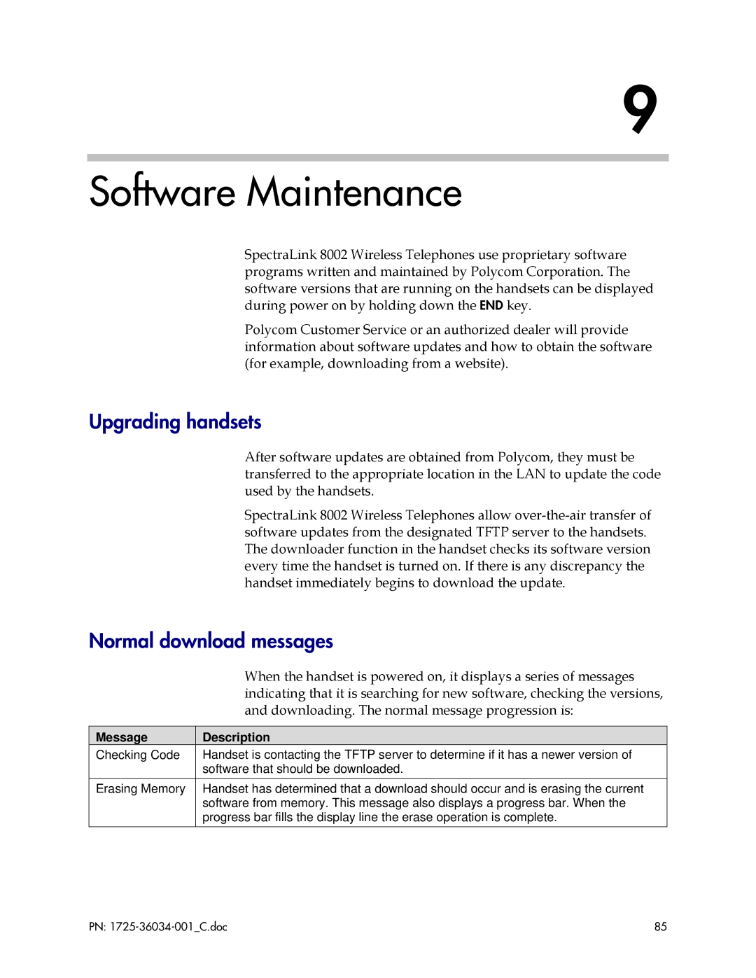 Polycom 8002 manual Software Maintenance, Upgrading handsets, Normal download messages, Message Description 