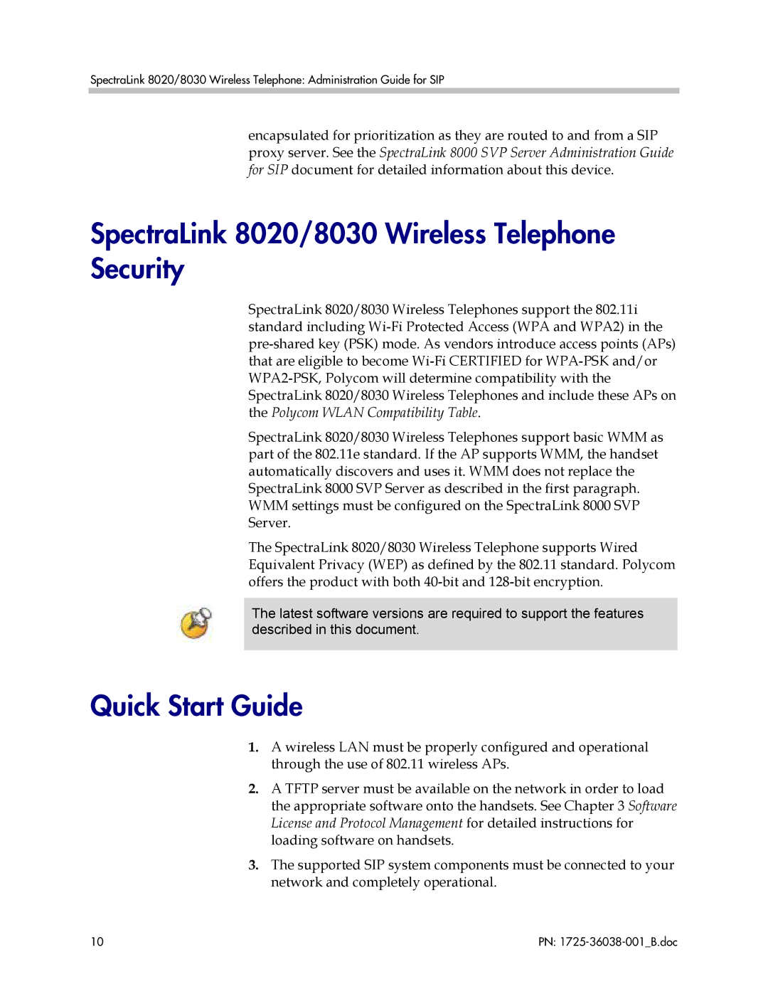 Polycom 1725-36038-001 manual SpectraLink 8020/8030 Wireless Telephone Security, Quick Start Guide 