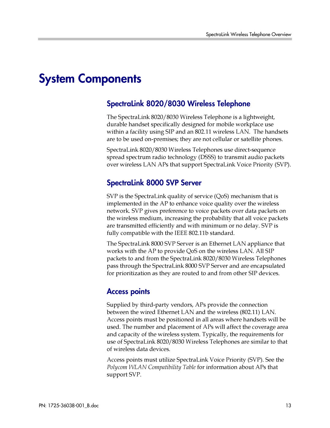 Polycom manual System Components, SpectraLink 8020/8030 Wireless Telephone, SpectraLink 8000 SVP Server, Access points 