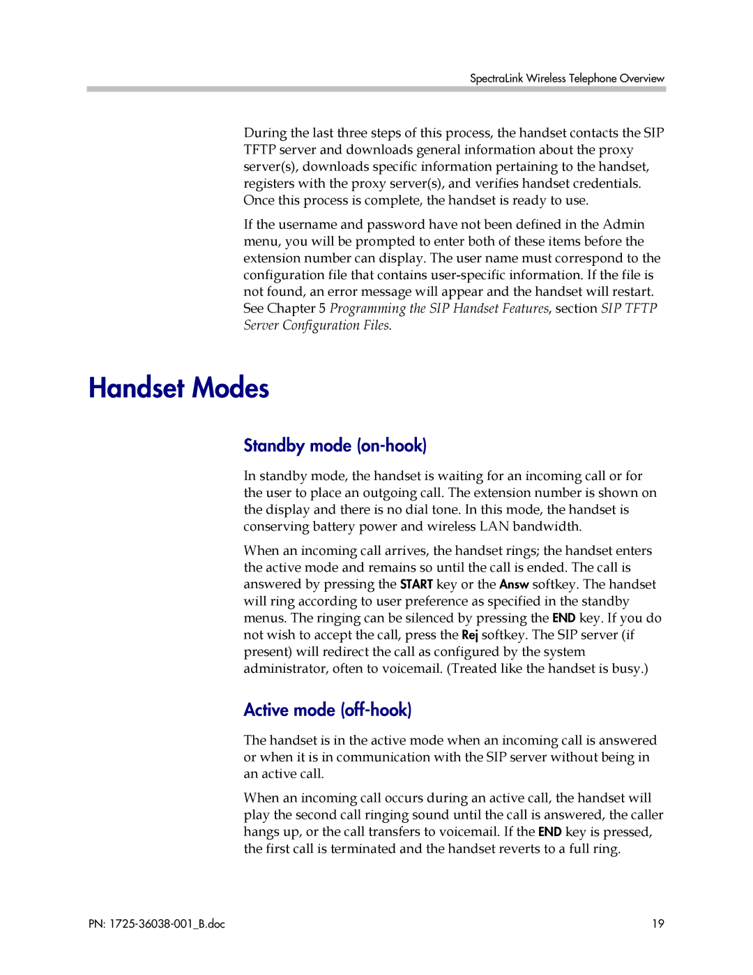 Polycom 8030, 8020, 1725-36038-001 manual Handset Modes, Standby mode on-hook, Active mode off-hook 