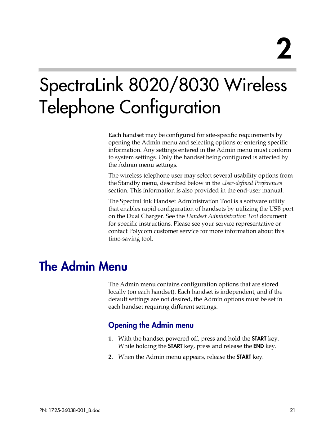 Polycom 8020, 8030, 1725-36038-001 manual Admin Menu, Opening the Admin menu 