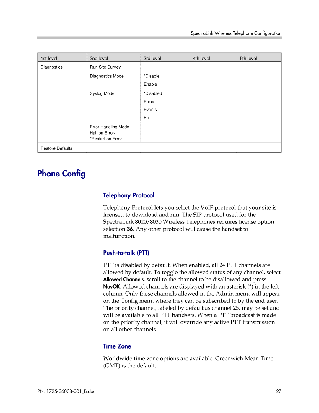 Polycom 8020, 8030, 1725-36038-001 manual Phone Config, Telephony Protocol, Push-to-talk PTT, Time Zone 