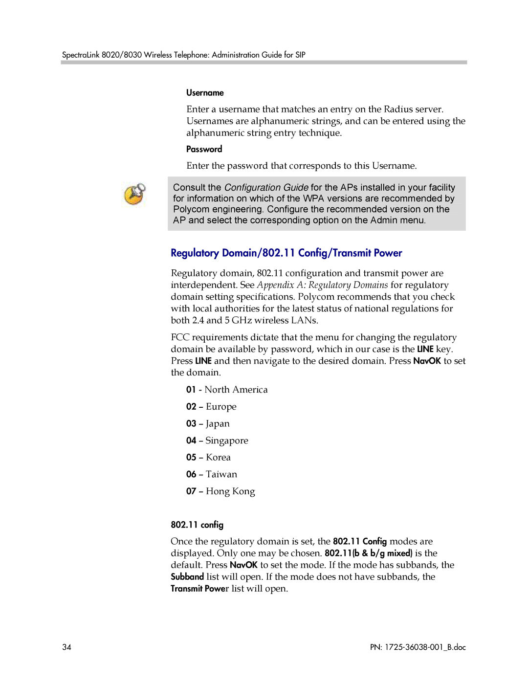 Polycom 8030, 8020 Regulatory Domain/802.11 Config/Transmit Power, Enter the password that corresponds to this Username 